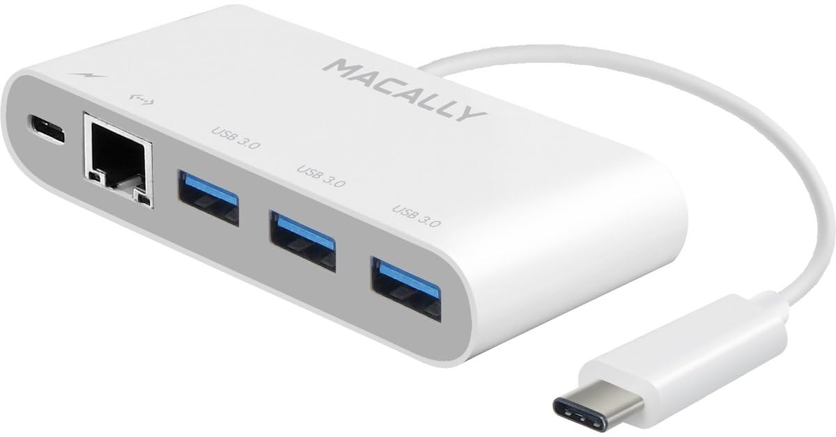Macally UC3HUB3GBC 3.1 USB-C to 3 Port USB-A Gigabit Ethernet and USB-C Charge Adapter