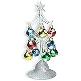 BANBERRY DESIGNS Glass Christmas Tree - LED Lighted Silver Glitter Tree with 12 Colorful, Removable Ball Ornaments - 8 1/4