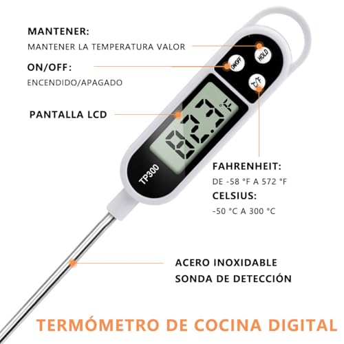 MXHIGO Termómetro Digital de Cocina para Carne, Termómetro de Lectura con Sonda de Acero Inoxidable, Termometro con Pantalla Digital para Parrilla Pollo Masa Almíbar Mermelada Mantequilla Leche Agua