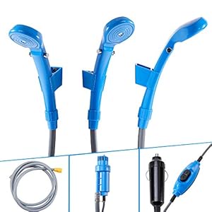 Arebos Campingdouche 12V | met dompelpomp | 5m kabellengte en 2 m slanglengte | waterdruk regelbaar | incl. transporttas