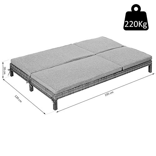 Outsunny Polyrattan Doppelliege Sonnenliege Gartenliege für 2 Personen Relaxliege Luxus Lounge 5-stufige Rückenlehne Metall PE Rattan Grau 196 x 120 x 28 cm – Bild 8