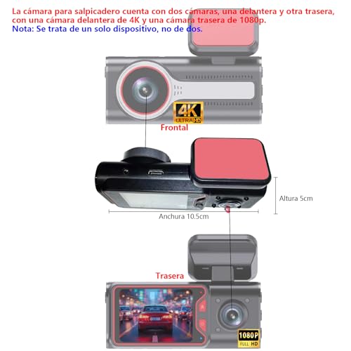 Dashcam Frontal y Trasera Dos en Uno Frontal 4K + Trasera 1080P, Gran Angular 170°, Amplio Rango Dinámico (WDR), Función de Visión Nocturna, G-Sensor, 24H Monitor de Estacionamiento, Control WiFi