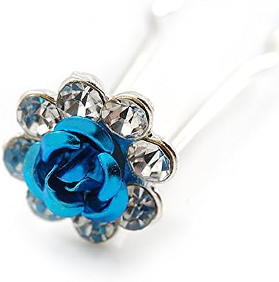 Bridal/Wedding/Prom/Party Set Of 6 Clear Austrian Crystal Teal Blue Rose Flower Hair Pins In Silver Tone, Blue,Rose,Silver - Image 4