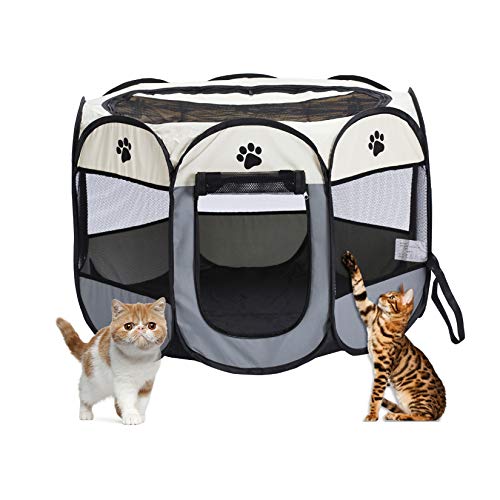 Portable Foldable Pet Dog Cat Playpen Crates Kennel Playpen Tent House Playground, Indoor and Outdoor Use, Gray and White (35.8X 22.8 inch)