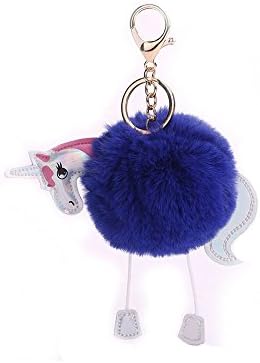 Anime Horse Keychain Cute Unicorn Key Chain Pendant Women Car Styling Fluffy Fur Pompom Keyring Bag Hang Trinkets-Blue