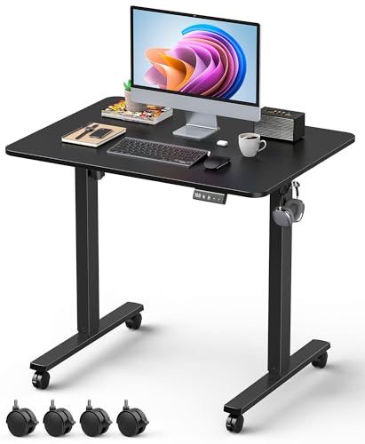 Piccola scrivania elettrica in piedi con ruote, 80 x 59,9 cm regolabile in altezza, scrivania con pannello di giunzione, scrivania per computer di memoria per casa e ufficio, telaio nero/piano