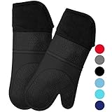 Homwe Extra Long Silicone Oven Mitts with Quilted Cotton Lining - Professional Heat Resistant Kitchen Pot Holders - 1 Pair (Black)