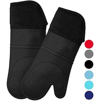 Homwe Extra Long Silicone Oven Mitts with Quilted Cotton Lining - Professional Heat Resistant Kitchen Pot Holders - 1 Pair (Black)
