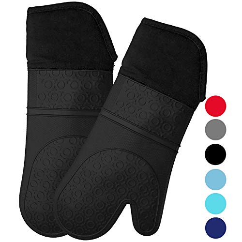 Homwe Extra Long Silicone Oven Mitts with Quilted Cotton Lining - Professional Heat Resistant Kitchen Pot Holders - 1 Pair (Black)