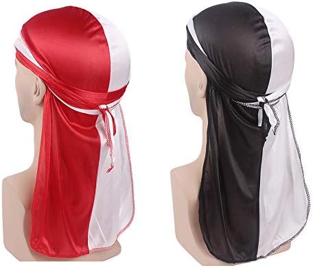 YAKEFJ Two Tone Silky Durag Headwraps with Extra Long Tail and Wide Straps for 360 Waves Long Straps