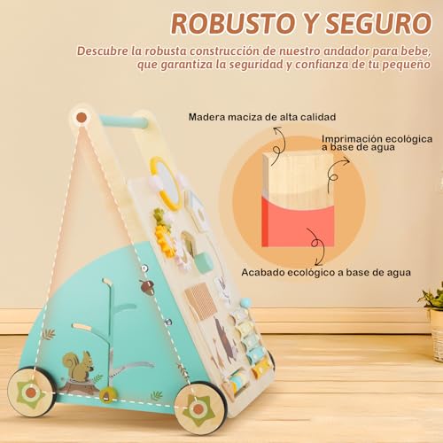Muja Andadera para Bebe, Carrito para Bebe con Juguetes, Mesa Centro de Actividades, Juguetes de Madera Natural para Niños Pequeños, Desarrollo de la Motricidad (Tipo B)