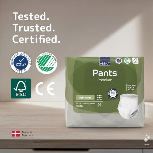 Abena Incontinence Pants Light, Eco-Labelled Incontinence Pants for Men & Women, Comfortable, Protective & Discreet, Fast Absorption, Sustainable Incontinence Pads - L0, 900ml, 40-56" Waist, 15PK