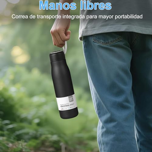 Termo de Acero Inoxidable 550ml, Doble Aislamiento Térmico 24h Frío/12h Caliente, Botella de Agua sin BPA, Ideal para Viajes, Deportes, Escuela, Diseño Portátil con Asa,senderismo Water (negro)