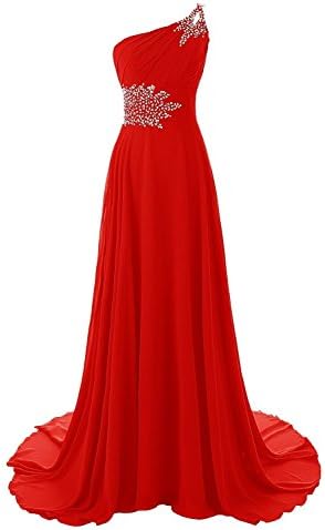 CutieTell Women's One Shoulder Beadings Chiffon Bridesmaid Long Prom Dresses US10 Red