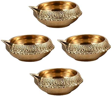 Oil Lamps & Accessories - Hashcart® Brass Diya Kuber Diya Handmade Indian Puja Oil Lamp Engraved Design Diya for Diwali Pooja 2.5 Inch (Set of 6)