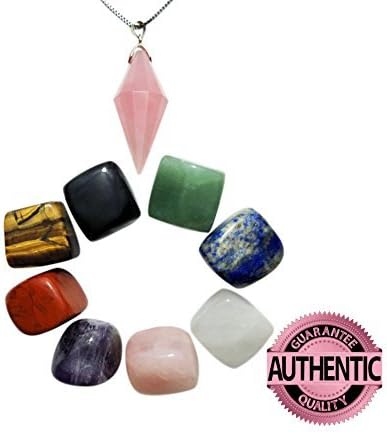 Chakra Crystal Stones Natural Shape 8 PCS, and Pointed &amp; Faceted Rose Quartz Pendant Suspended on 18" Necklace Chain Bundle