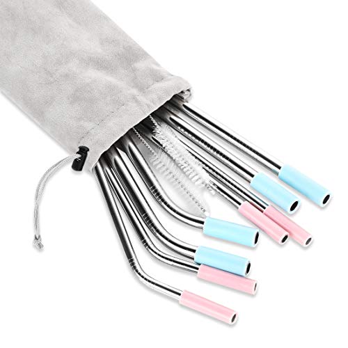 Stainless Steel Straws Set of 8 Reusable Drinking Straws for 30oz 20oz Tumbler 10.5’’ 8.5’’ Diameter 0.24’’ 0.31’’ with 8 Silicone Tips 2 Cleaning Brushes and Pouch(4 Bent 4 Straight) (8.5'' 10.5'')