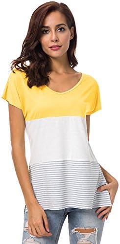 MBIGM Womens Casual Color Block Tunic Tops V-Neck High Low T-Shirt Loose Short Sleeve with Side Split（Yellow, X-Large）