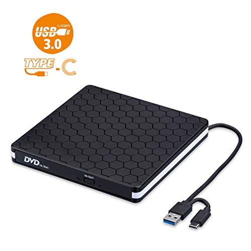 Rioddas External CD Drive Type C USB 3.0 Portable CD DVD +/-RW Drive Slim DVD/CD ROM Rewriter Burner Writer Compatible with Laptop Desktop PC Windows Linux OS Apple Mac (Soccer-typc)