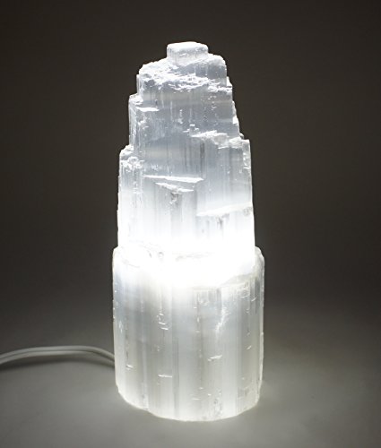 Natural Selenite Electric Lamp White with LED Bulb JIC Gem around 8" High