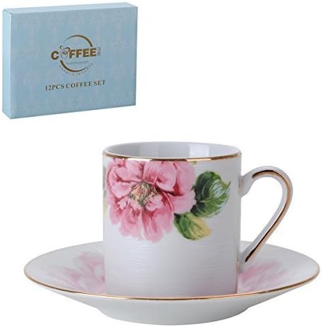 Porcelain Bone China Espresso Turkish Coffee Demitasse Set of 6 Delicate Floral Pattern Cups and Saucers (Pink Carnations) by Coffee Me
