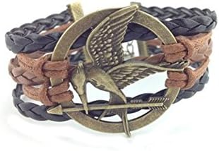 fashion quake Movie Serries the Hunger Games Antique Arrow Bird Bracelet Black Leather Wristband