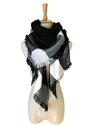 Wander Agio Womens Warm Scarf Triangle Shawls Large Scarves Stripe Plaid Fichu Big Black White 15