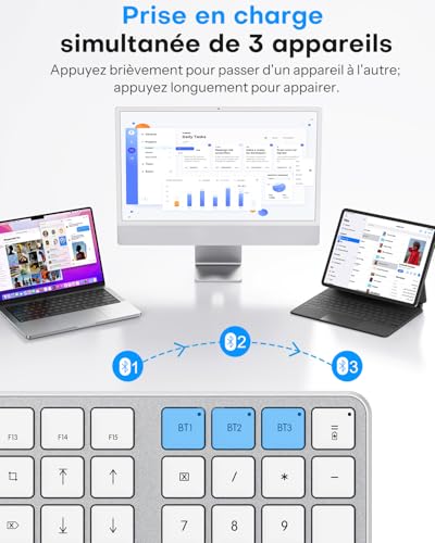 OMOTON Wireless Bluetooth Keyboard and Mouse Kit for Mac, Rechargeable Keyboard and Mouse with 3 Bluetooth Channels for Apple Mac Pro/Mini, MacBook Pro/Air, iMac, iMac Pro, French AZERTY, Silver