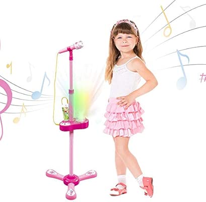 childrens pink microphone and stand