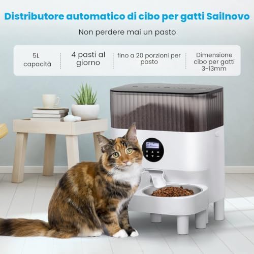 Mangiatoia automatica per due gatti, cibo intelligente per gatti automatico, promemoria vocale, fino a 80 porzioni e 4 pasti al giorno per gatto e cane, bianco 5L