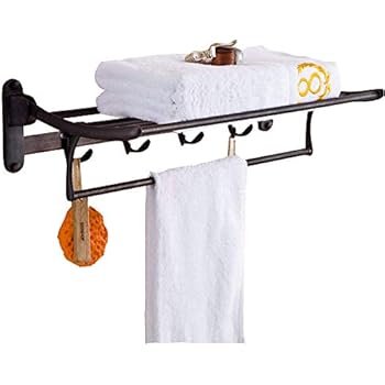 ELLO&ALLO Oil Rubbed Bronze Towel Racks for Bathroom Shelf with Foldable Towel Bar Holder and Hooks Wall Mounted Multifunctional Racks