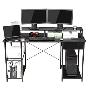 OUTFINE Desk Computer Desk Office Desk with Drawer, Monitor Stand and Storage Shelves