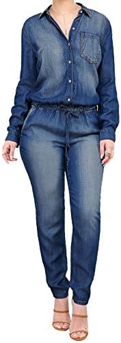 Women Fashion Denim Lapel Long Sleeve Buttons Long Pencil Pants Bodycon Jumpsuit (XX-Large, Blue)