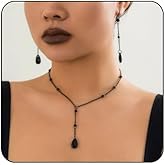 MarveBard Gothic Blood Drop Necklace Earrings Set for Women Vintage Vampire Blood Drop Y-Shaped Necklace Goth Vampire Drop Dangle Earrings Dark Style Black Red Crystal Jewelry Set for Women