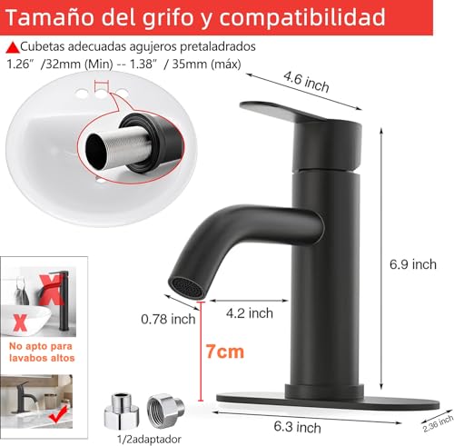 YUUTY Mezcladora para Lavabo de Baño - Acero inoxidable Grifo de baño de un solo Mango, para Baño Grifo para con cubierta, Llave Mezcladora para Lavabo con 2 Mangueras. (Negro mate)