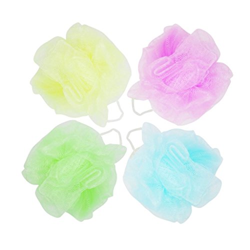 Set of 4 Large Quality Shower Mesh Bath Shower Sponge Ball Scrubber Pouf Exfoliation Body Puff Bath Scrubbers w/ Loop Rope Handle, Assorted Colors, approx 5", 80g