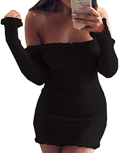 QUNNDY Women Long Sleeve Sexy Off Shoulder Club Dress Slim Bodycon Knitted Sweater Mini Party Night Dresses Vestidos