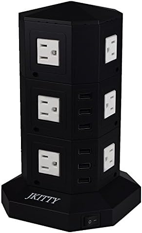 JKitty 12 Outlets 6 USB 8A Total (Each 2.4A Max) Smart Charge 3000W Surge Protector Independent Rocker Switches Stable Standing Power Strip Wall Adapter with 6ft Cable (3 Levels, Black)