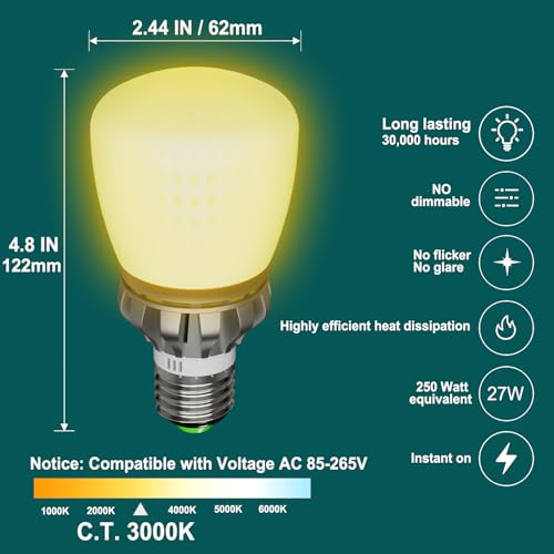 JIUYUAN E27 LED Bulb, 27W (Equivalent to 250W) 3000K Warm White Light 3760 Lumens, E27 LED A60 Bulbs, 360 Degree Beam Angle, Non-Dimmable, LED Lamp, Pack of 2