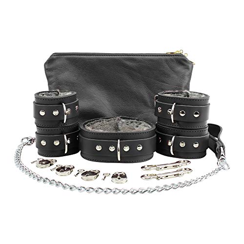 Atlas Set Ankle Wrist Cuffs Collar Chain Leash Fur Lockable Lambskin Leather (Black, Small)