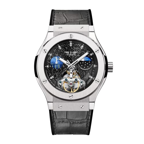 GLENAW Automatic Watches for Men, Stainless Steel Case Skeleton Watches for Men Analog Tourbillon Watch Starry Sky Dial 12-Hour Small Dial Moon Phase Mechanical Watch Leather Strap