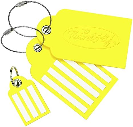 2 Large + 1 Small Travel Luggage Tags, Easy To Write, Extra Wide Lines, Tough PVC, Steel Loops, (Yellow) By TravelHY