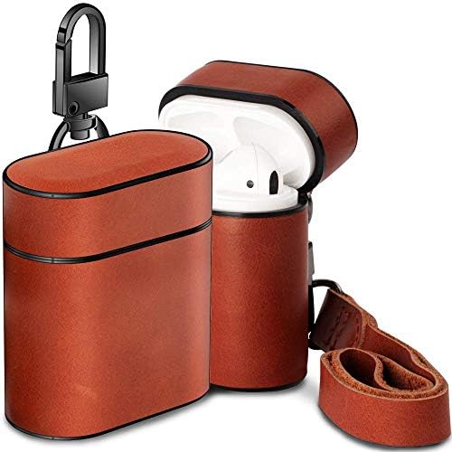 Market affairs Genuine Leather Plastic Skin Portable Protective Cover with Metal Clasp and Leather Lanyard Compatible with Apple AirPods Charging Case (Brown)