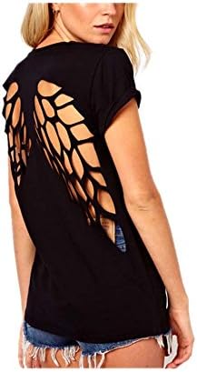 ARJOSA Women’s Hollow Angel Wings Black Casual T-Shirt Camisole Tank Top (M)