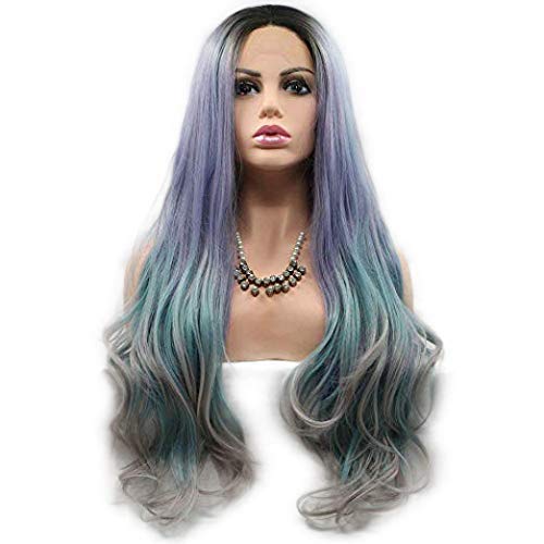 Black Roots to Purple Blue Grey Lace Front Wig 5 Tones Ombre Wavy Synthetic Wigs with Middle Parting Long Body Wave Hair Wigs for Halloween Heat Resistant 26inch (Ombre Purple Blue Grey)
