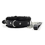 Faux Fur Lined D Rings Choker Necklace Adjustable Black Real Leather Neck Collar with Chain Leash