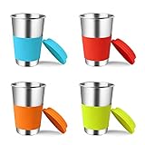 Kids Stainless Steel Cups, Kereda 16 oz. Drinking Tumblers Eco-Friendly BPA-Free with Silicone Lids & Sleeves (Pack of 4)