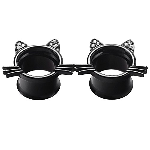 Longbeauty 2Pcs Black Cute Kitten Ear Plugs Tunnels Gauges Stretcher Piercings in 3 Colors Gauge 2g
