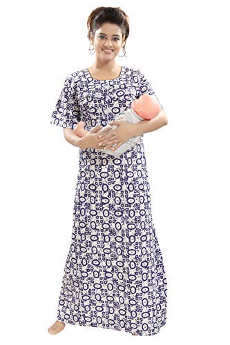 Women's Cotton Feeding Nighty (PSN260, Blue and White, Free Size)
