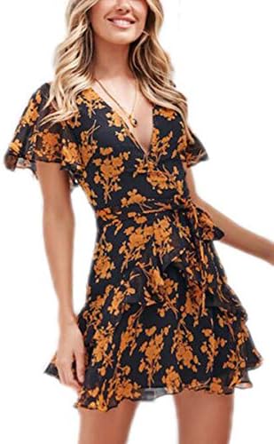 Aromelle Womens Dresses Floral Long Sleeve Wrap V Neck Tie Waist Mini Skater Dress